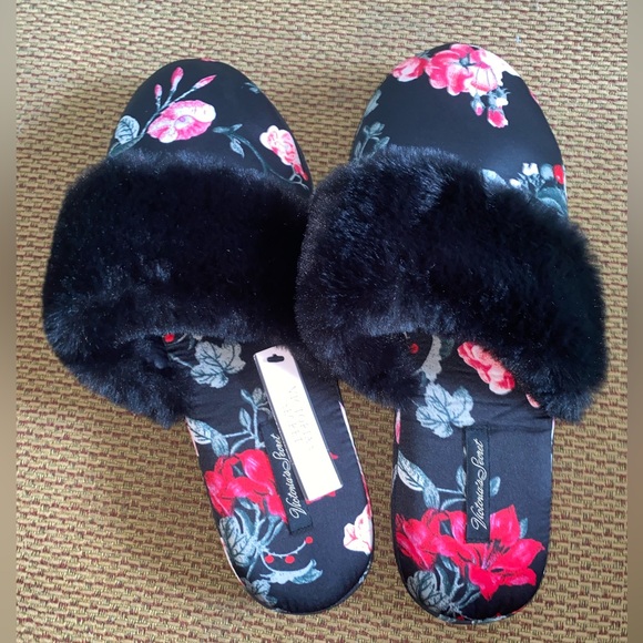 VICTORIA SECRET SATIN SANDAL SLIPPERS + BAG Floral Black SEXY Style - Picture 1 of 5